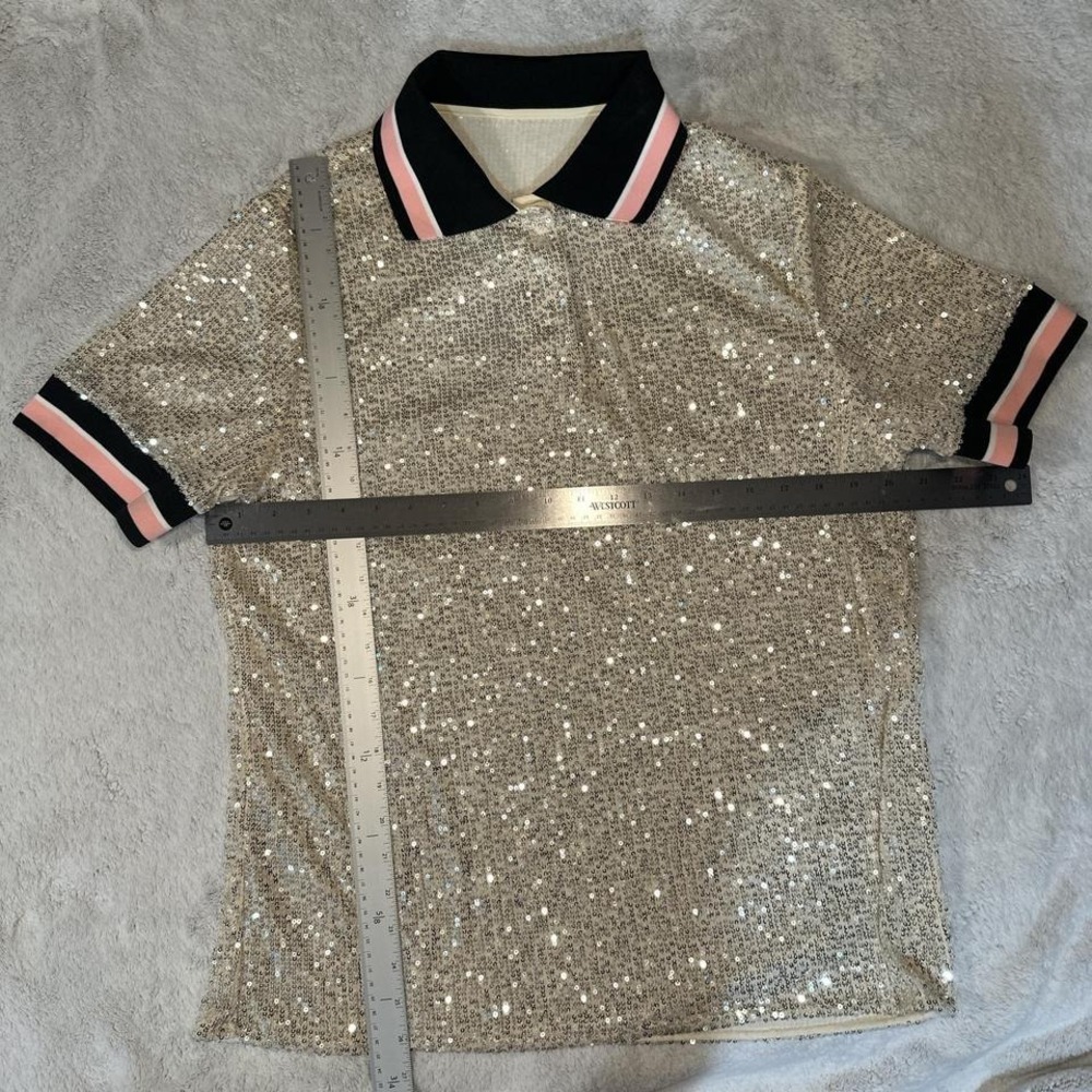 Silver sequin polo shirt with pink and black trim NEW LARGE - Picture 5 of 7